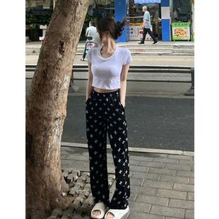 大码印花十字架裤子女夏季新款运动直筒阔腿裤休闲百搭小个子长裤