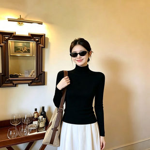 辣妹高领露背网纱拼接德绒衫女秋冬季黑色修身性感小心机德绒上衣