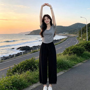 夏季薄款大码女装镂空高腰花边休闲裤子女胖mm宽松显瘦九分阔腿裤