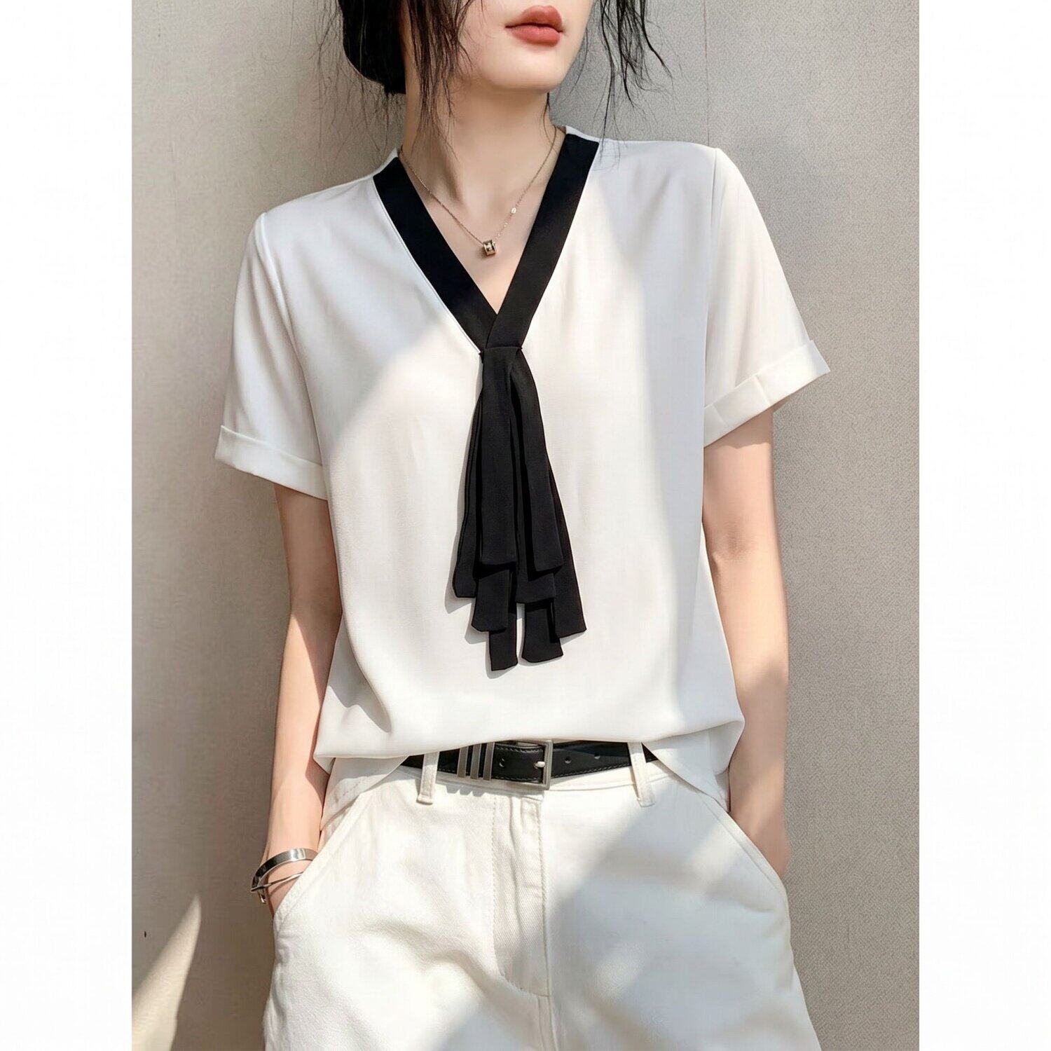 简约风撞色飘带上衣服夏季大码胖mm百搭显瘦宽松V领短袖T恤女士