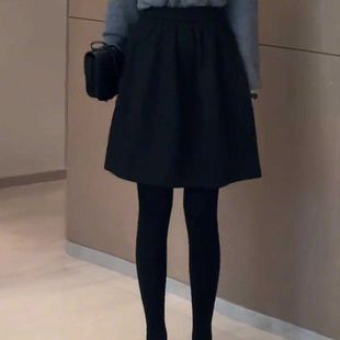 韩系时尚 高腰百搭显瘦遮胯短裙 黑色加厚毛呢花苞裙女2025秋冬新款