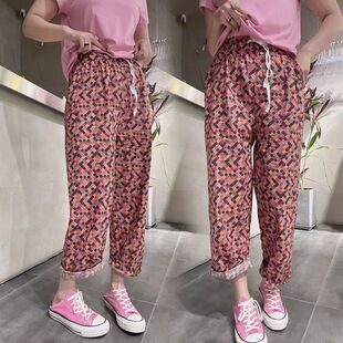 欧货春夏新款韩版彩色方格直筒裤子女时尚洋气高腰宽松显瘦九分裤