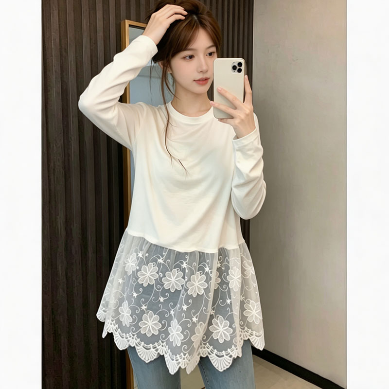 秋冬季内搭简约打底衫圆领长袖拼接蕾丝花边T恤女叠穿中长款上衣