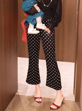 黑色波点微喇叭休闲裤女春夏新款大码宽松高腰显瘦垂感九分裤子潮