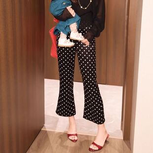 黑色波点微喇叭休闲裤女春夏新款大码宽松高腰显瘦垂感九分裤子潮