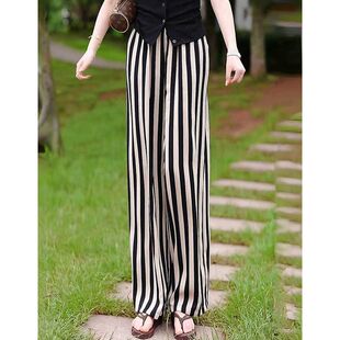 大码黑杏竖条纹阔腿裤女春夏薄款裤子高腰显瘦垂感休闲直筒长裤潮