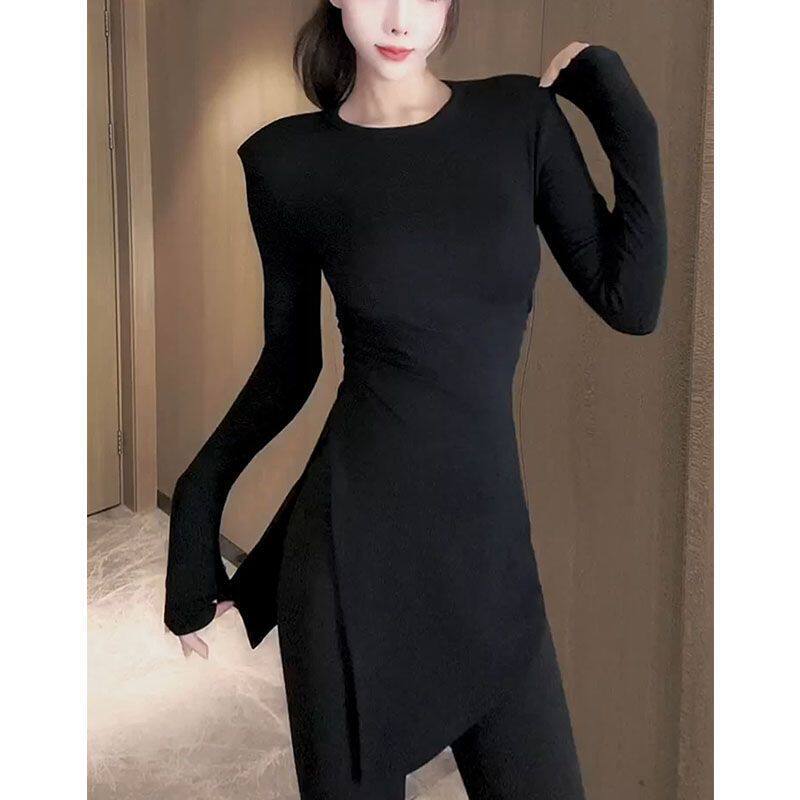 欧货简约风褶皱收腰德绒长袖T恤女秋冬新款不规则修身气质小上衣