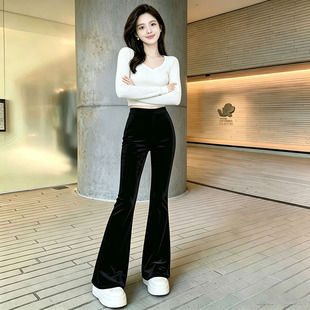 金丝绒喇叭裤女早秋2026新款高腰显瘦胖mm大码休闲百搭微喇长裤子