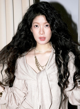 YANN M原创设计灰棕色大翻领蝴蝶结休闲松弛感宽松长袖针织上衣女