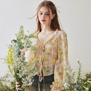 修身 Yannm 透气系带开衫 原创设计黄绿色印花灯笼长袖 显瘦上衣女 衫