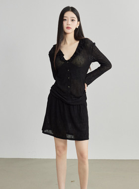 YANN M原创设计黑色弹力蕾丝开衫连衣裙时髦休闲花边翻领长袖秋冬