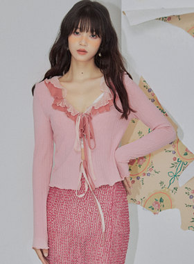 Yann M原创设计 粉色针织开衫修身雪纺木耳花边领系带开衫女休闲