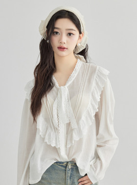 YANN M 原创设计白色条纹衬衫蕾丝花边灯笼袖甜美休闲秋冬女