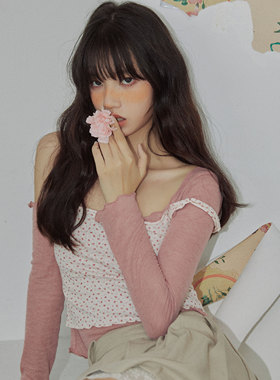 Yann M粉色碎花针织上衣2024春夏新款修身套头连体针织衫温柔百搭