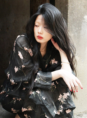 YANN M 原创设计黑色苎麻印花文艺新中式宽松开衫系带罩衫复古女