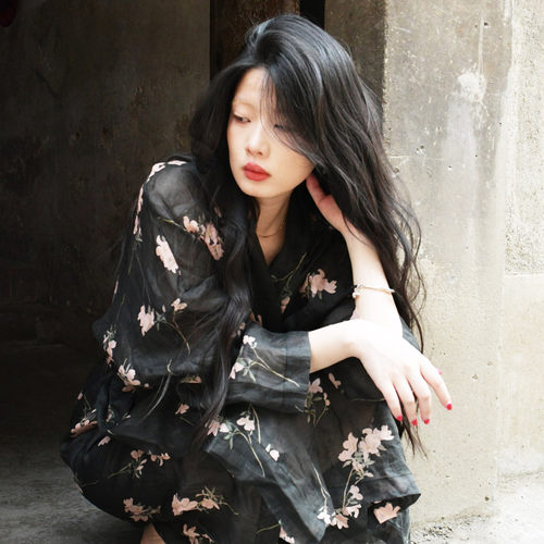 YannM黑色苎麻印花新中式开衫