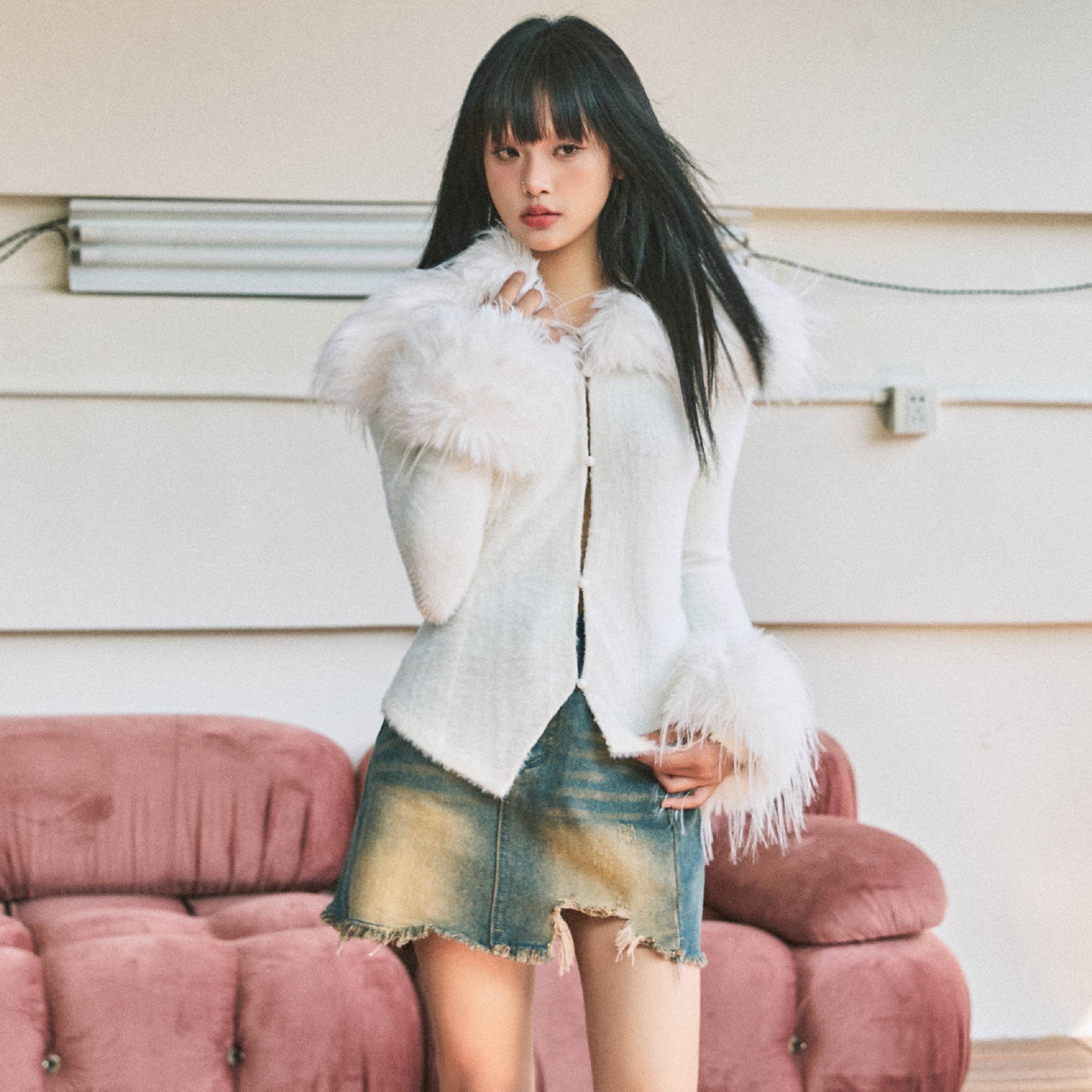 YannM 原创设计春装白色针织拼接毛领开衫俏皮可爱风修身显瘦上衣