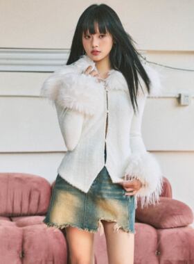 YannM 原创设计春装白色针织拼接毛领开衫俏皮可爱风修身显瘦上衣