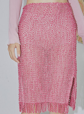 Yann M原创设计2024春夏玫粉色镂空粗纺面料修身半身裙复古设计感