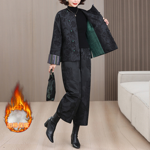 圆领棉衣套装 复古提花女新款 外套新中式 冬装 拼接盘扣棉袄花苞棉裤