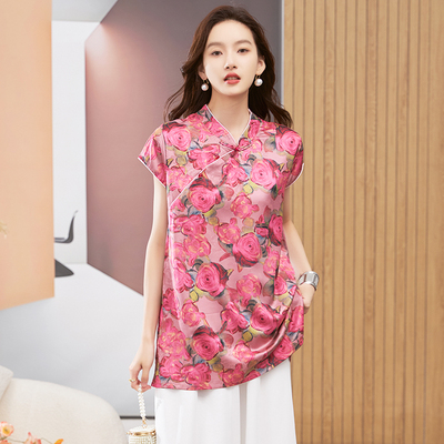 国风丝绸上衣年轻妈妈遮肚衬衫夏