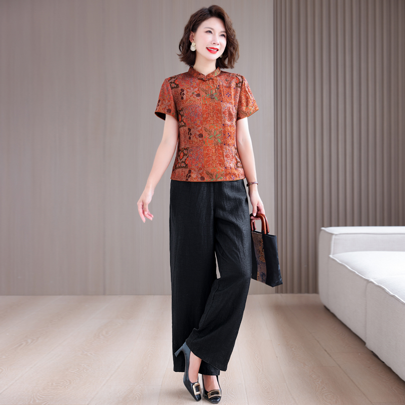 小个子妈妈复古仿香云纱套装夏