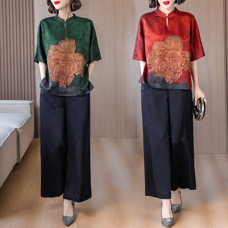 真丝衬衫配裤子小个子套装复古