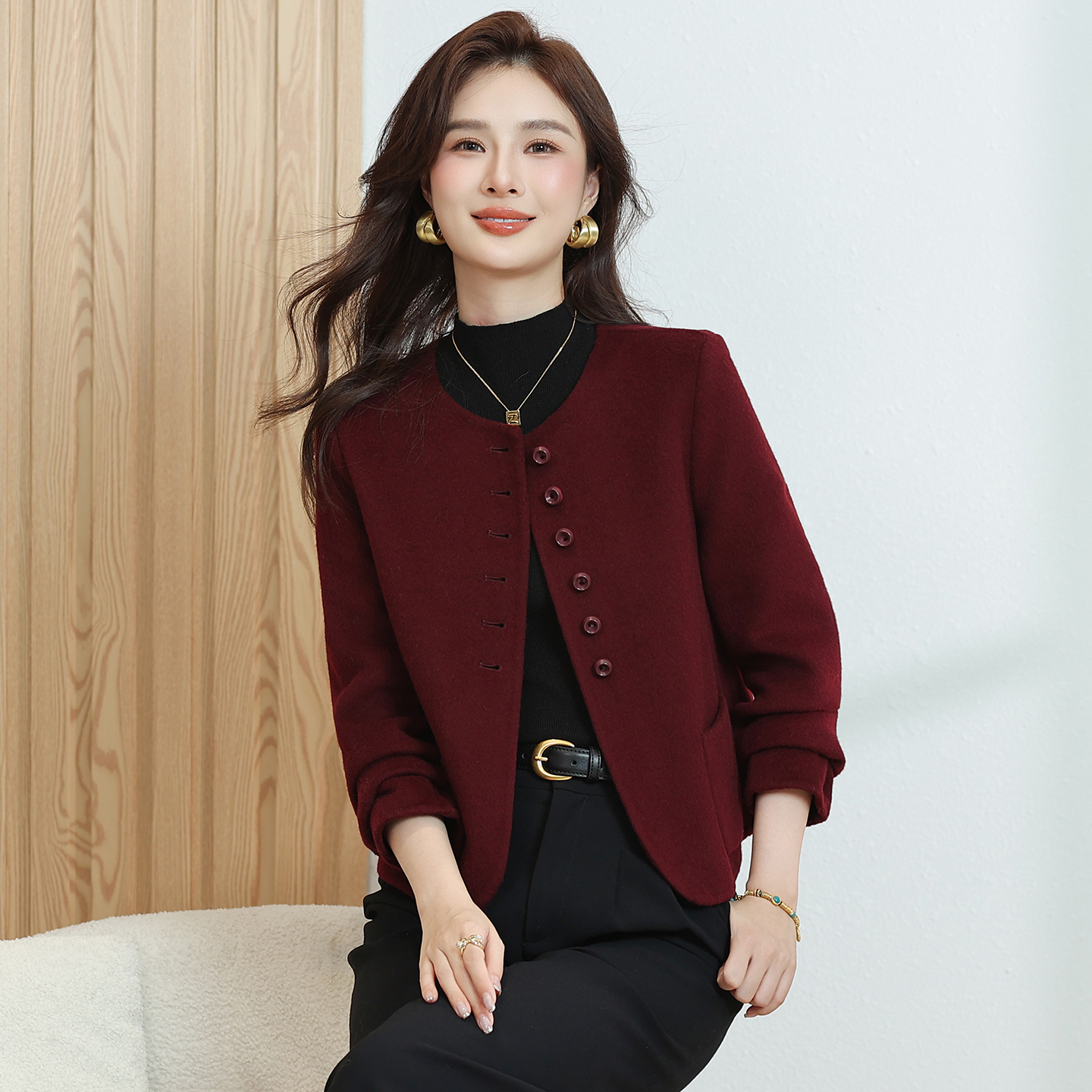 安哥拉新年红小香风外套双面呢女