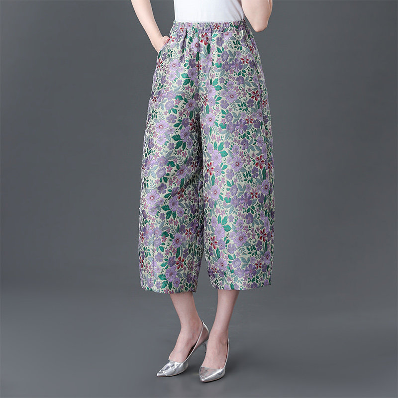 中式国风提花阔腿裤女款夏季妈妈宽松休闲花苞裤高腰直筒九分裤子