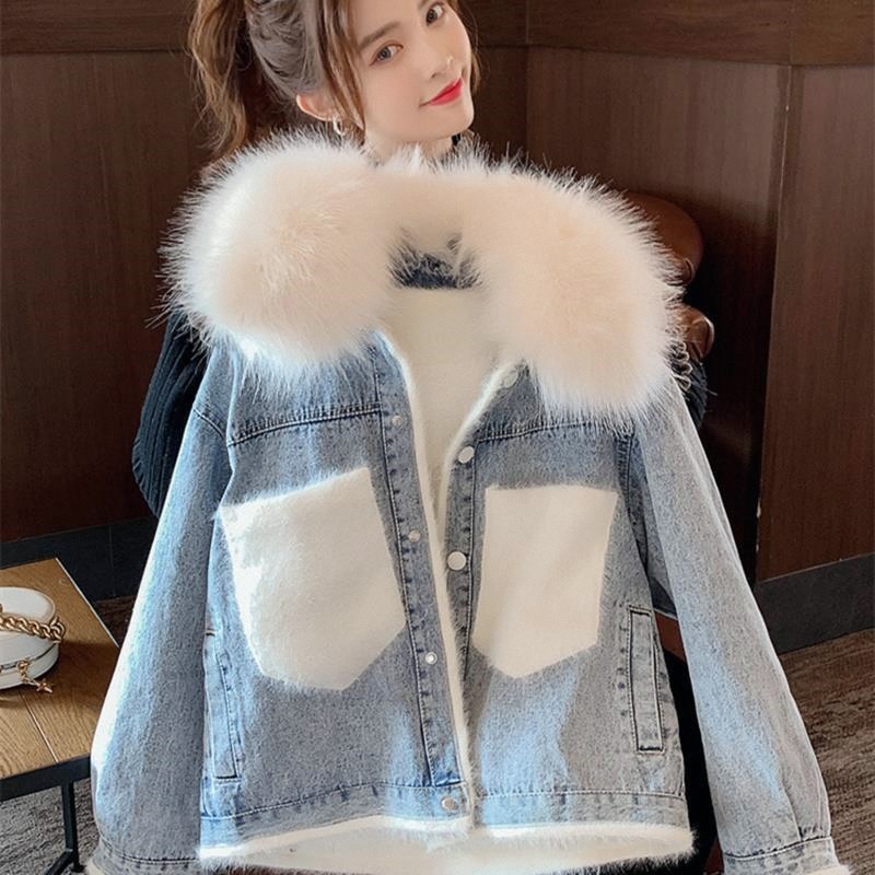 2026新款韩版仿狐狸大毛领加绒牛仔棉服女加厚宽松棉衣冬季外套潮