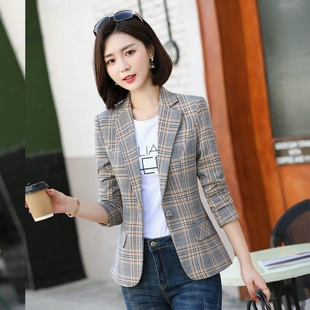格子小西装女2026年春秋新款修身显瘦小个子女士外套西服长袖上衣