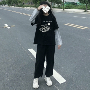 春夏季学生装女生套装韩版假两件长袖t恤+百搭九分阔腿裤两件套潮