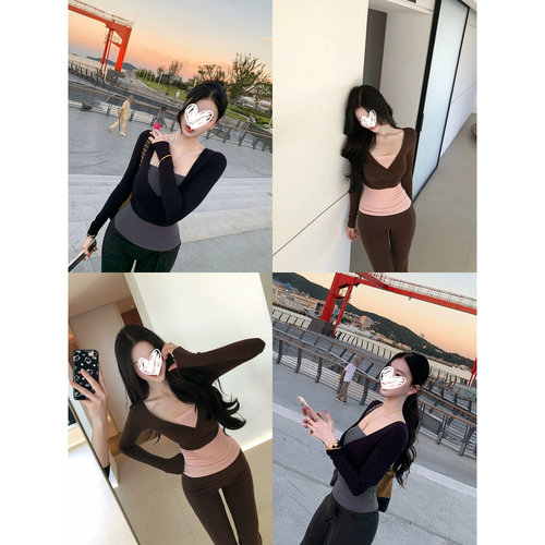 韩版气质撞色长袖T恤女秋季温柔修身显瘦内搭抹胸V领两件套上衣潮
