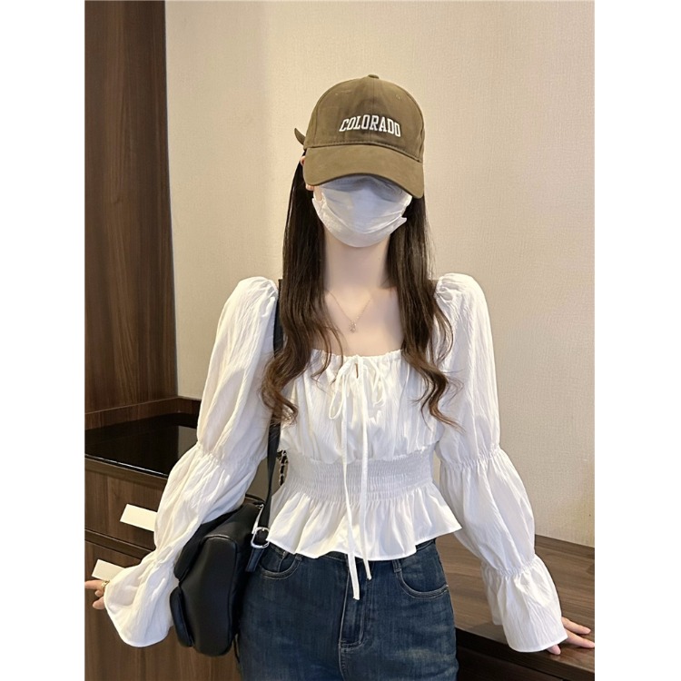 法式白色气质复古方领泡泡袖衬衫