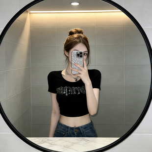 T恤女夏季 15天 韩系纯欲风黑色烫钻圆领正肩短袖 显瘦短上 修身