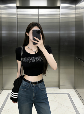 设计感小众黑色烫钻圆领正肩短袖T恤女夏季修身显瘦短上