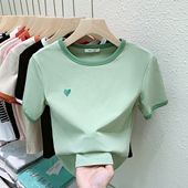 t恤女夏季 设计感小众修身 洋气短款 刺绣爱心短袖 纯棉上衣半袖 体恤