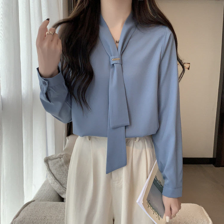 高端领带雪纺衬衫2025春季新款女小众职业蓝色衬衣宽松上衣打底衫