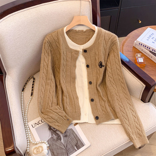 韩系复古麻花针织羊绒开衫女2025春季新款刺绣假两件毛衣外套上衣