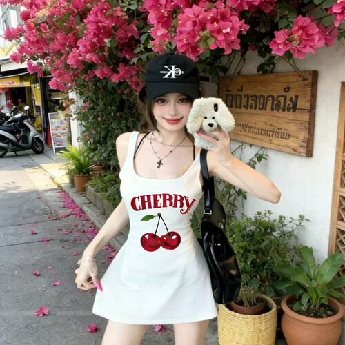 韩版简约设计感印花U领吊带裙女夏小众收腰修身显瘦时尚百搭上衣