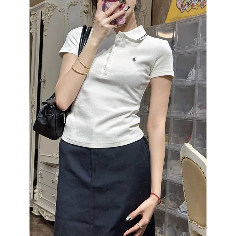 欧货刺绣Polo衫短袖白色T恤女2025夏季新款掐腰短款上衣纯棉体恤