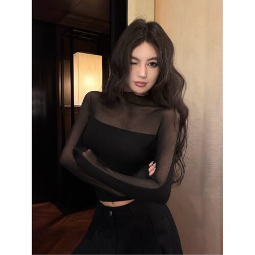 秋季加绒加厚半高领上衣服小众透视网纱长袖T恤女修身内搭打底衫