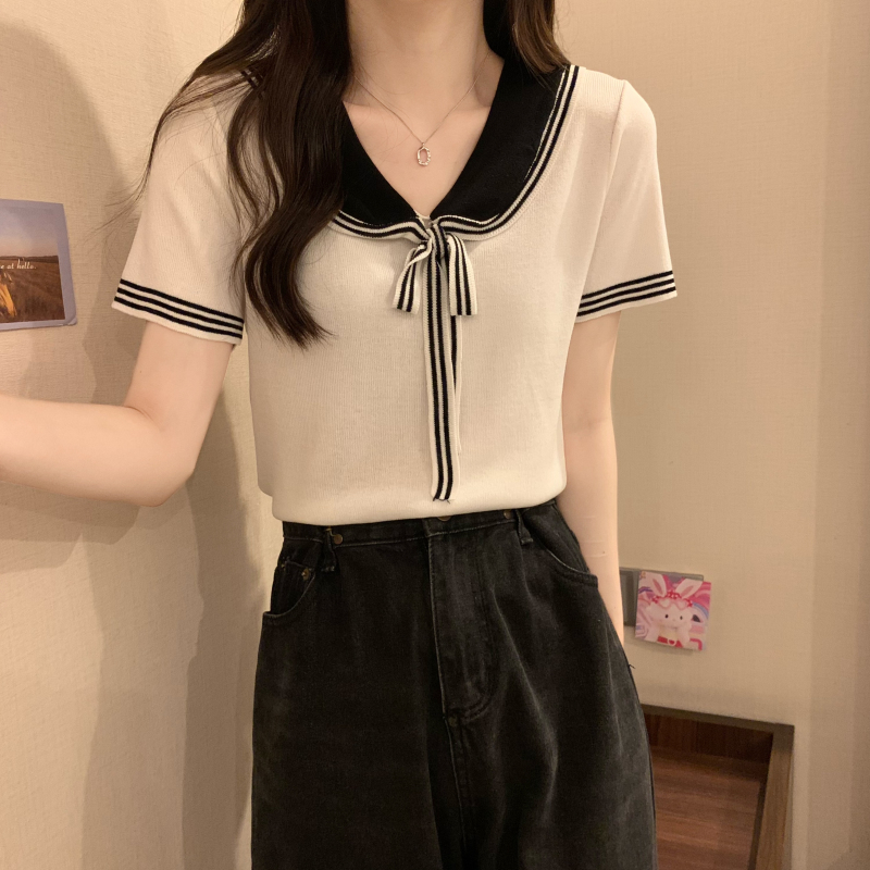韩系撞色系带海军领短袖T恤女夏季新款学院风超好看修身正肩上衣