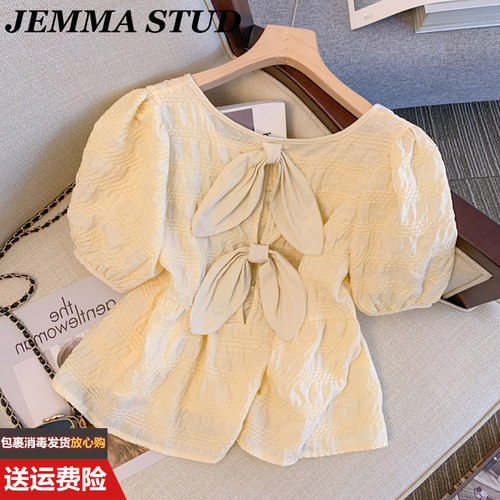 独特别致蝴蝶结短袖衬衫女