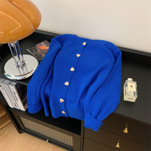 宽松别致排扣克莱因蓝加厚毛衣