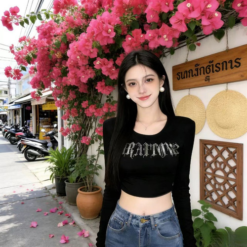 韩版辣妹小心机露肤设计正肩长袖T恤女装上衣春夏季修身显瘦短款