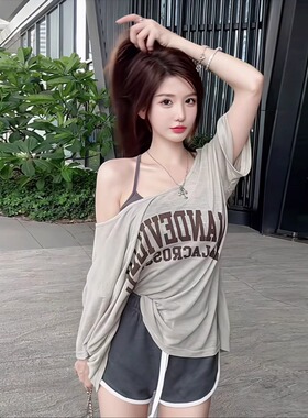 美式甜酷辣妹性感薄款微透短袖T恤女夏季新款宽松防晒罩衫上衣服