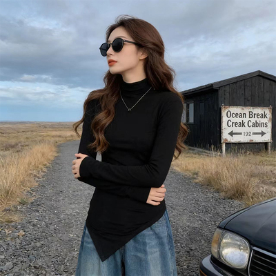 美式辣妹风半高领长袖T恤女装春季修身不规则开叉内搭打底衫上衣