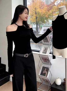 设计感小众性感露肩内搭长袖T恤女装2026春季黑色打底衫收腰上衣