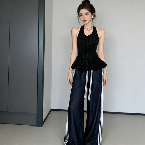 美式辣妹风肌理感小裙摆针织挂脖露背上衣女装夏季百搭小背心吊带